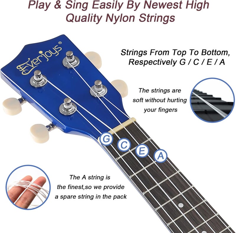 Everjoys Soprano Ukulele Beginner Kit for Adult Student w/Free Online Lesson 21 Inch Ukelele Gig Bag Strap String Tuner Pick Polishing Cloth, Rainbow Series Ukalalee - Image 3